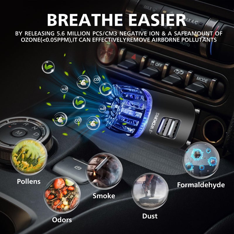 4WDKING Car Air Purifier Ionizer, 12V Plug-in Car Air Freshener Gadgets with Dual USB Charger Removes Cigarette Smoke, Pet and Food Odor, Ionic Ozone (Black) - Image 3